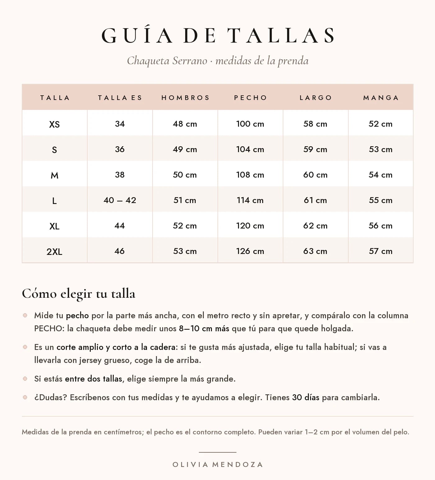 Guía de tallas: Chaqueta Serrano | Pelo Suave con Botones Dorados